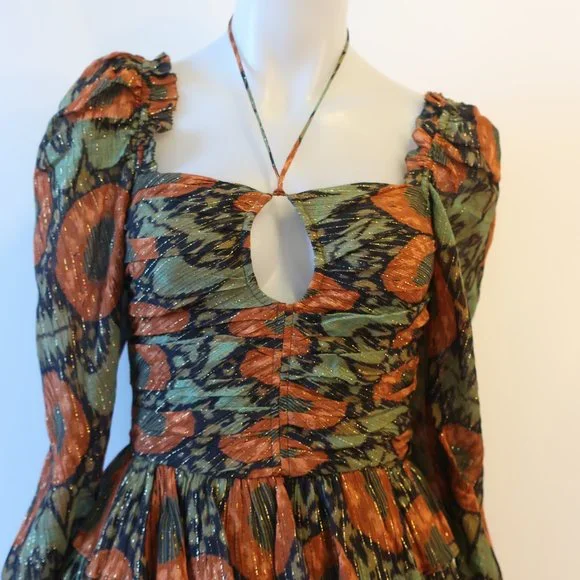 Womens Ulla Johnson Naiya Nocturne Black Green Gold Metallic Halter Dress 0 - Picture 4 of 16